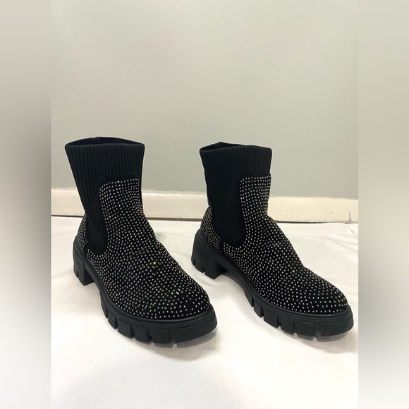 Forever Black Rhinestone Knit Combat Boot - Picture 6 of 13